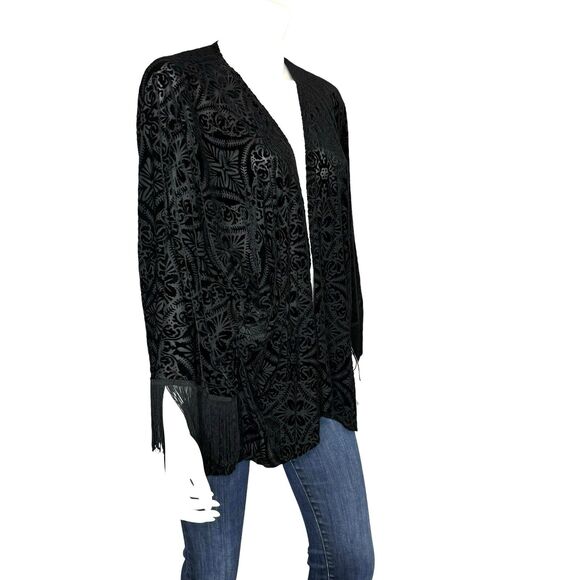 CACHE’ Size S Black Velvet Burnout Fringe Trim Kimono Whimsigoth Witchy - Picture 4 of 10